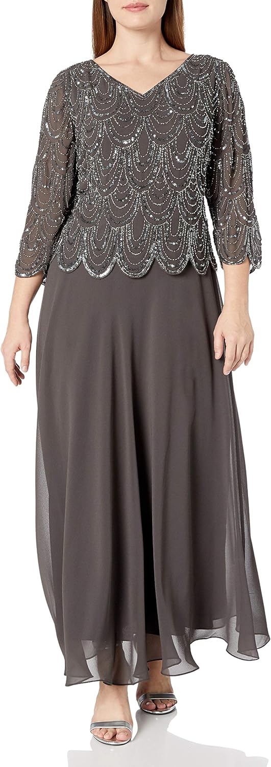 J Kara Womens Plus Size 34 Sleeve with Scallop Beaded Pop Over Gown