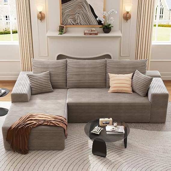95" Cloud Sectional Couch with L-Shape Chaise, Modern Corduroy Boneless Deep Seat Sofa, 3-Seater Modular Sleeper Couch for Living Room, Bedroom, Apartment, No Assembly (Camel, Left-Facing Chaise)