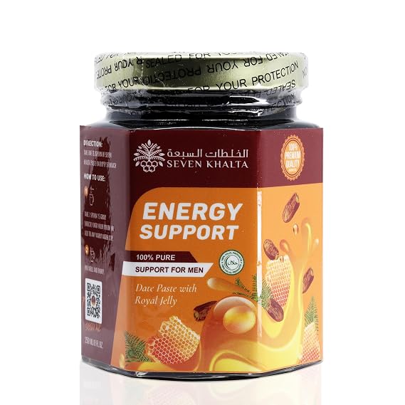 Seven Khalta Energy Support Organic Honey for Men 8Oz Pure Date Paste with Sidr Honey, Pecan Nuts, Ginger Extract, Black Seed, Royal Jelly Natural, Halal, Gluten-Free, Delicious and Savory