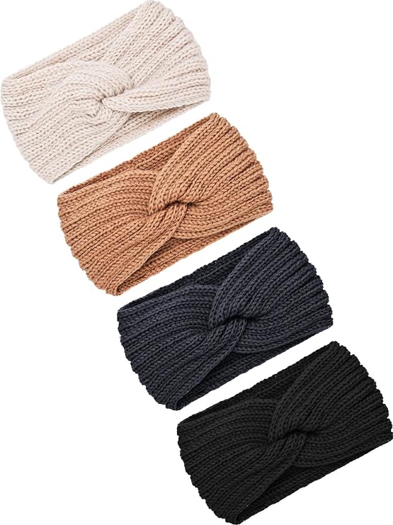 TecUnite 4 Pieces Winter Headbands for Women Knit Winter Warm Ear Muffs Thick Crochet Head Wrap Stocking Stuffers Gifts