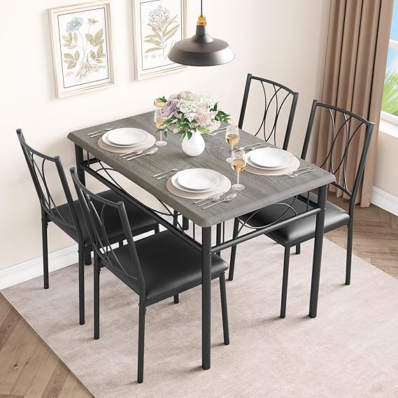 5-Piece Wood Dining Table Set for 4, Rectangular Kitchen Table Set with 4 Upholstered Chairs, Space-Saving Metal & Wood Dining Table Set for Apartment, Studio, Kitchen, Small Space, Gary
