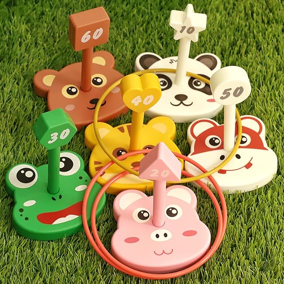 Animal Ring Toss Game Toy Set Kid Yard Outdoor Party Camp Toddler Ages 3-8 | 6 Targets Stands & 36 Rings Combo Indoor Lawn Family Adults Activity Holiday Present Birthday Gift for Boy Girl Child 3+ Year