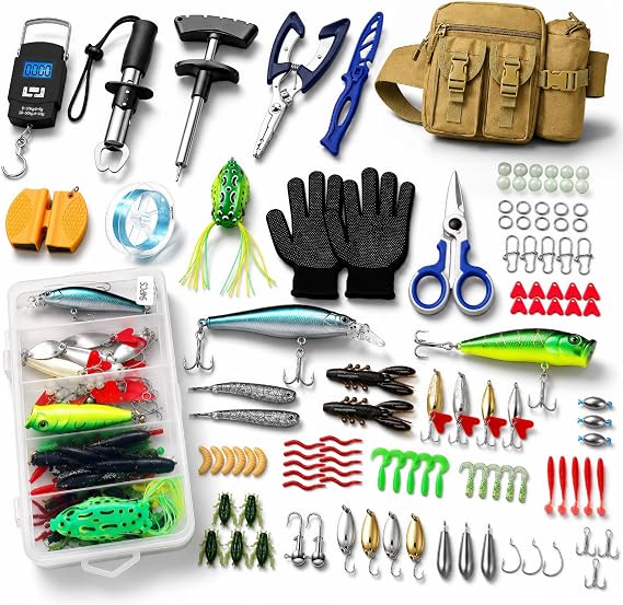 Fishing Tool Kit - 112pcs Fishing Gear & Equipment, Fish Pliers, Hook Remover, Scale, Scissors, Lip Gripper, Lures