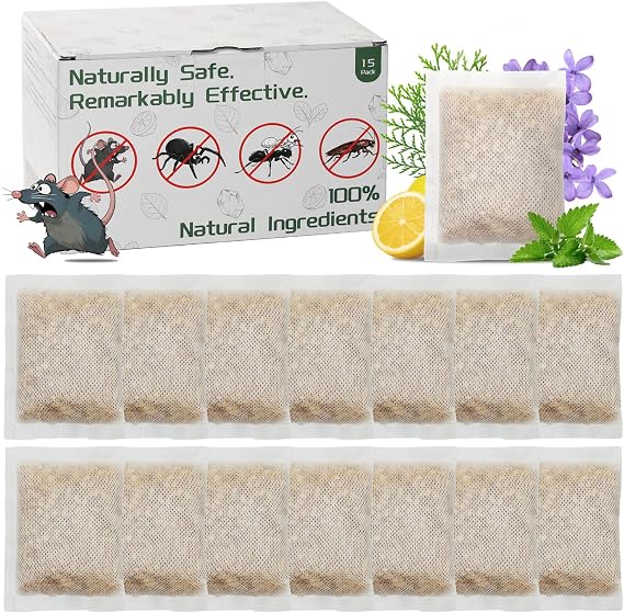 Mouse Repellent Pouches, 15 Pack Peppermint Lemon Oil Mice Repellent for Squirrel Rats Pests, Natural Mouse Traps for Indoor Outdoor Use, Keep Rodents Away from Garden and Home, Family & Pet Safe