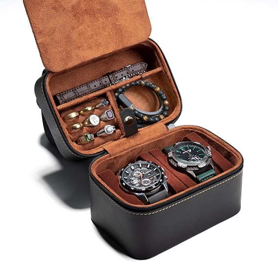 2 slots Watch travel Case Display Box, Hard leather watch storage organizer box fit watches up 52mm face,with insert for accessories. (BLACK, 2 SLOT)