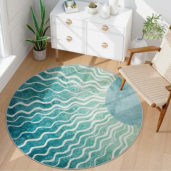 Wonnitar Sun Print Boho Round Rugs, 4ft Small Round Rug Washable Green Circle Carpet, Soft Non Slip 4 Feet Mid Century Circular Dining Room Carpet for Entryway Bedroom, Teal/Multi