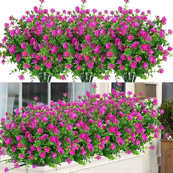 24 Bundles Outdoor Artificial Flowers UV Resistant Fake Boxwood Plants, Faux Greenery for Indoor Outside Hanging Plants Garden Porch Window Box Home Wedding Farmhouse Decor (Magenta)