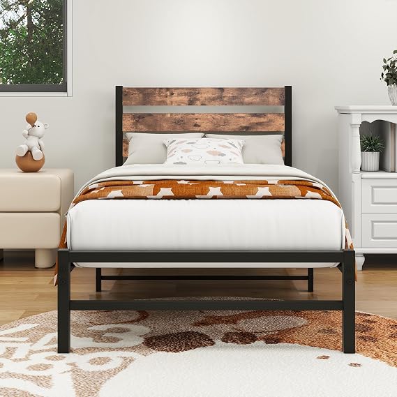 HOMERECOMMEND Single Bed Frame with Headboard,3ft bed 90x190cm,Rustic Brown
