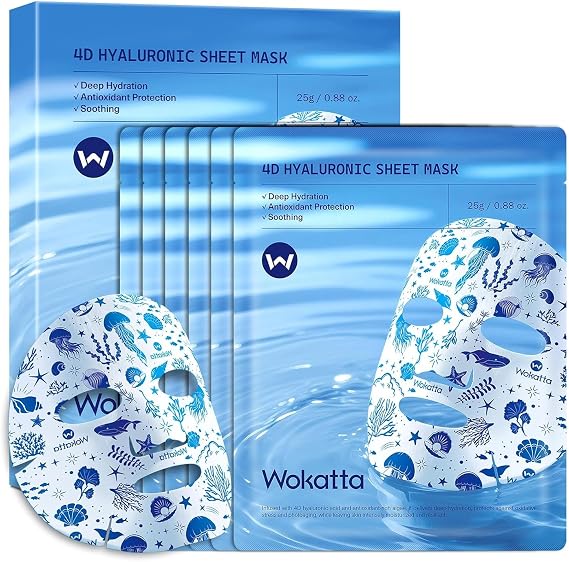 Hyaluronic Acid Face Mask 6pcs, Wokatta Hydrating Facial Sheet Masks, Deep Moisturizing, Soothing, Anti-Aging, Vegan Skincare Set for All Skin Types