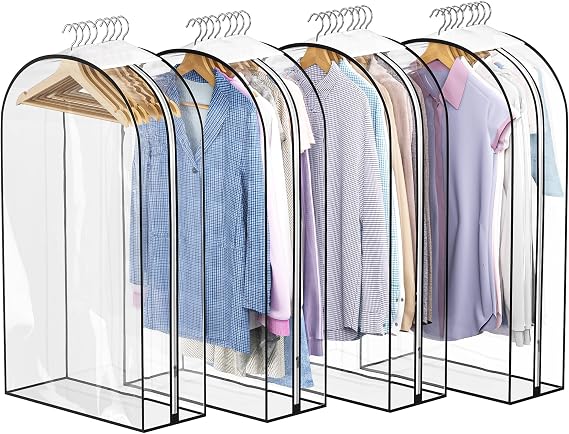 Liuoud 4 Pack 10" Gusseted Clear Garment Bags - Hanging Suit Coat Dress Storage, Plastic Closet Cover with Side Zipper | Suit Bags for Closet Storage with Large Metal Zipper, Breathable odorless Hanging Plastic Clothes Cover for Coat Dress Fur