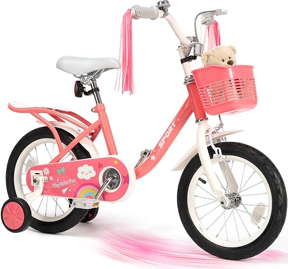BODIOO Kids Bike for 3-10 Years Old Girls' Bike, 12/14 Inch Children's Bicycle with Coaster Brake Training Wheels & Adjustable Seat, Lightweight Frame for Easy Riding, Streamer and Basket Included