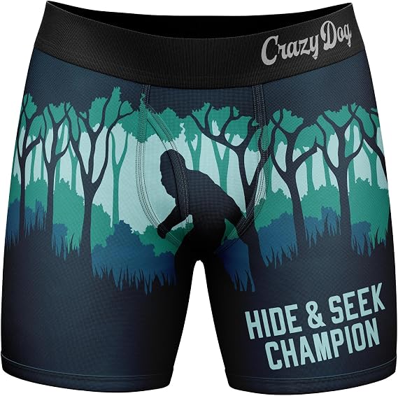 Mens Funny Boxers Hide and Seek Champion Bigfoot Underwear for Men