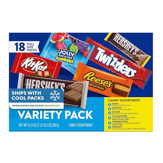 Hershey Assorted Flavored Candy Variety Pack, 31.5 oz (18 Packs) | Individually wrapped full-size candy packs with milk chocolate and fruit flavors for parties, and pantry restocking.
