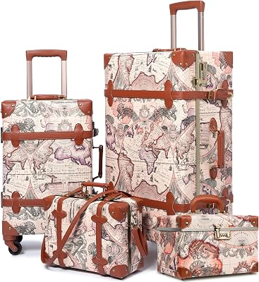 urecity Vintage Luggage Set of 4, Victorian Map Print, 26 inch, 20 inch, 12 inch, 12.5 inch