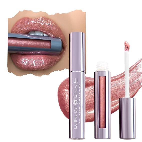 Runway Rogue Hydrating Shimmer Lip Gloss, Anti-Aging,#39;Fashion Week' | LuxGloss with a glistening lip finish, hydrating and antiaging formula, vegan, cruelty-free, scented, rose-gold shade