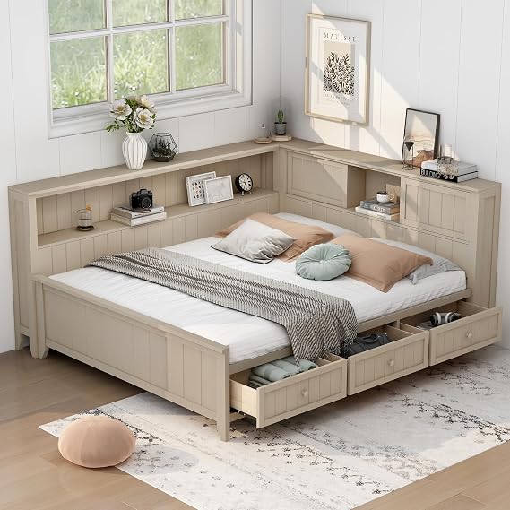 Merax Full Size Corner Bed Frame with 3 Drawers & Side Storage Shelves