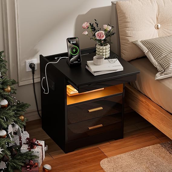 Bedside Table with 2 AC Outlets/2 USB Ports & Remote-Controlled RGB LED,Bedside Cabinet with Slide-out desktop & 3 Drawers & 1 Open Shelves,44x39x58cm,Suitable for Bedrooms & Living Rooms(1pcs,Black)