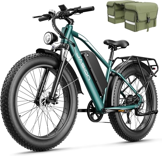 Jasion EB5 MAX Electric Bike for Adults with 1500W Peak Motor, 48V 15Ah (720Wh) Battery Electric Mountain Bike, 26'' x 4'' Fat Tire Ebike, 28+MPH Speed, Cruise Control, with Fenders, Rear Rack
