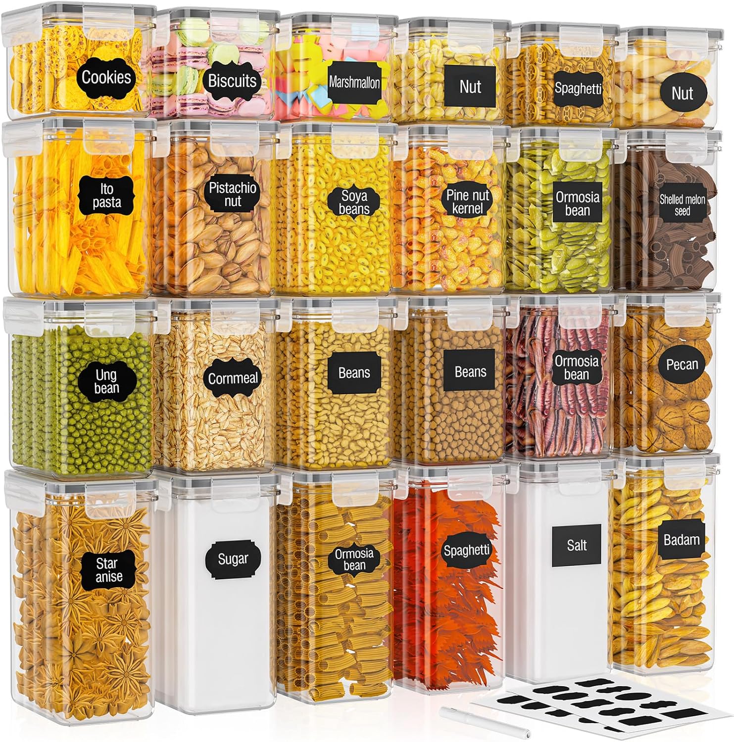 PurKeep 24 Pack Food Storage Containers - BPA Free, 33.6L Airtight Kitchen Storage for Cereal, Flour, Sugar & Baking Supplies with 24 Labels & 1 Marker