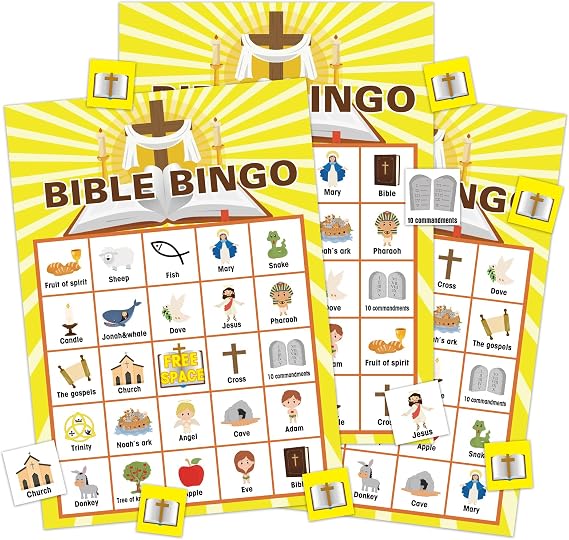 FLYAB Bible Bingo Game for Kids - 26 Players Christian Bingo Cards Set with Cross Chips - Faith Based Religious Activities for Vacation Bible Sunday School Church Youth Group Easter Christmas Party