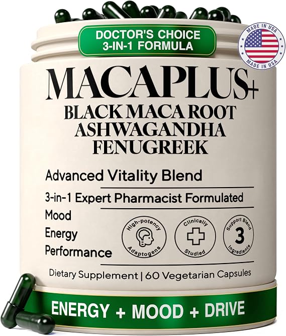 Organic Black Maca Root, 40:1 Extract, Ashwagandha & Fenugreek, 60ct | Energy, Stamina, Mood & Healthy Testosterone Support: Peruvian 3-in-1 Adaptogen Formula