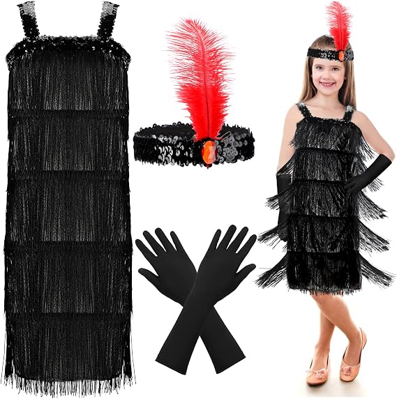 4 Pieces Girl's 20s Flapper Dresses Costume Set Feather Headband Fringed Dresses Gloves for Halloween Party