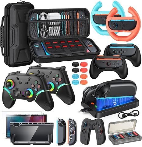 Switch 2 Accessories Case Bundle, 20 in 1 All in One Accessories Kits Black (Black Controller Set)
