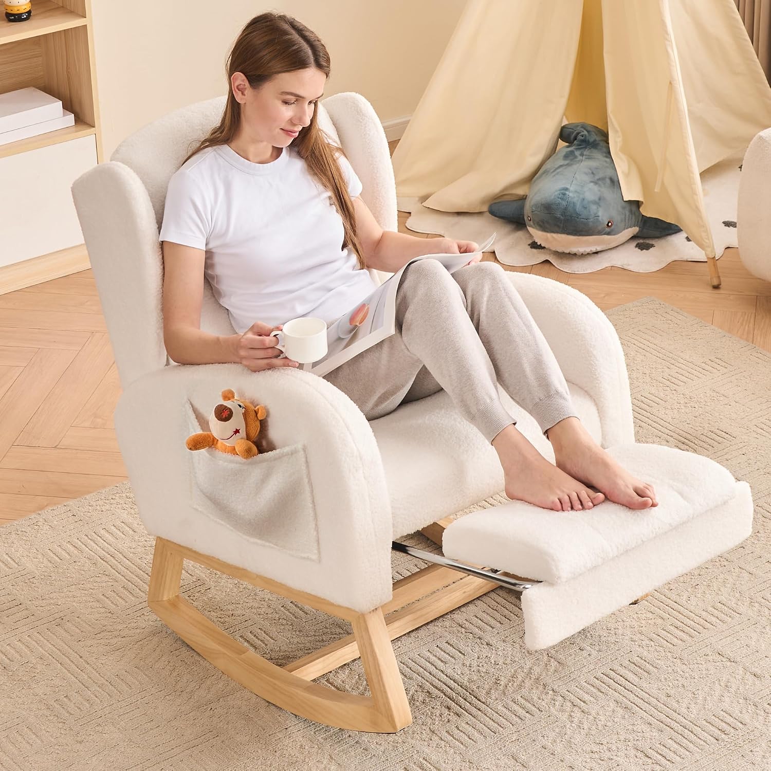 dekketo rocking chair with footrest large seat and side pocket high backrest rocking chair for living room indoor nursing chair with extendable leg rest teddy fabric white