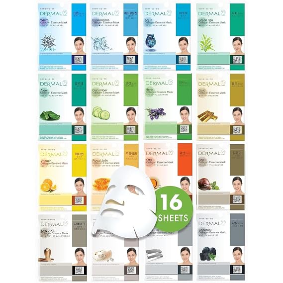 DERMAL 16 Collagen Korean Essence Sheet Mask Variety Pack, Aloe Cica & More | 16 different essence masks - collagen, hyaluronic, vitamin, aloe, green tea, pearl & more; 23g each, individually wrapped