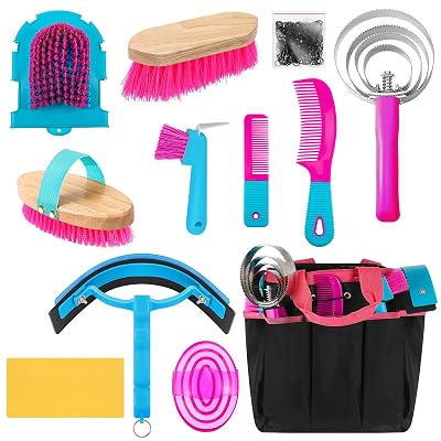 Abbylike 12 Pieces Horse Grooming Kit with Organizer Tote Bag Tack Room Supplies Horse Brush Sets Equine Care Cleaning Kit Shedding Grooming Massaging ToolsRose Red