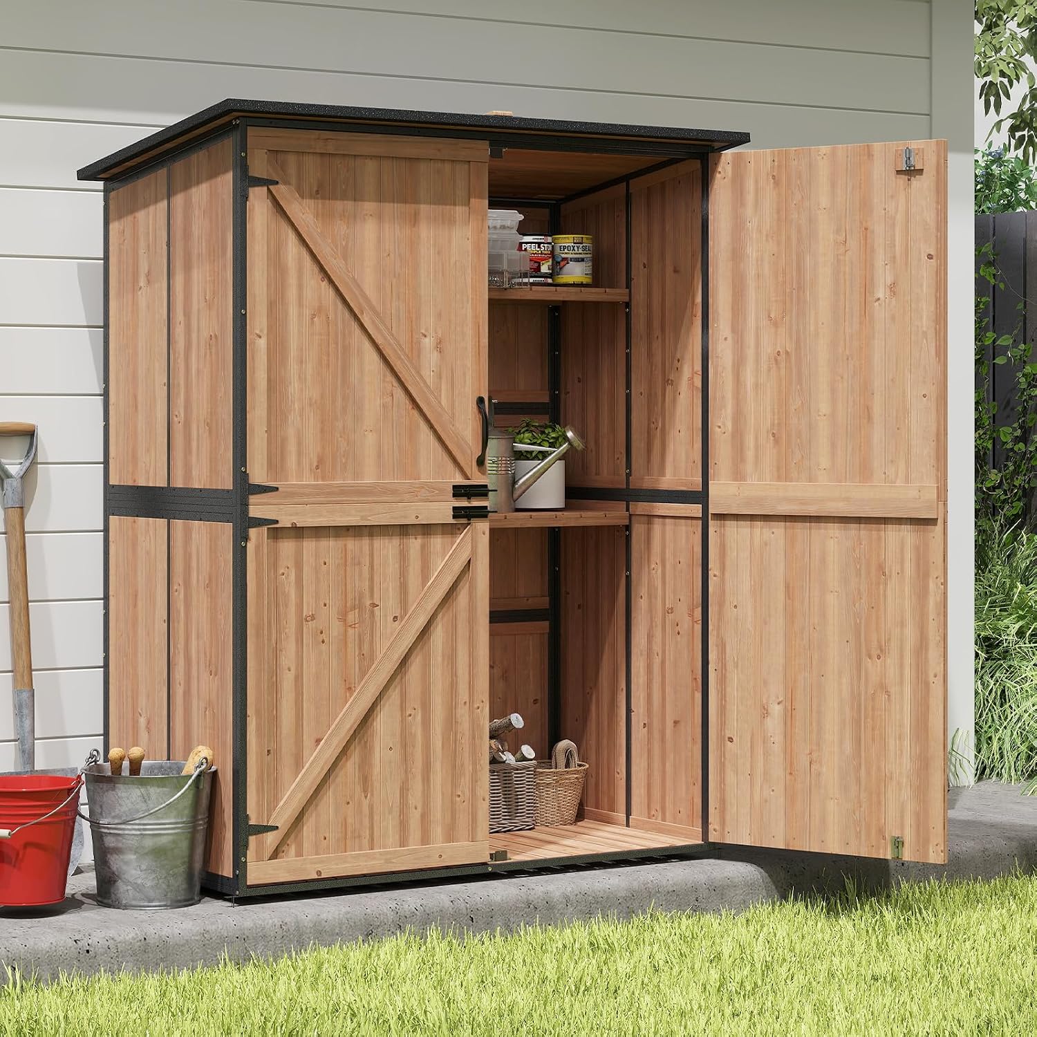 Outdoor Storage Shed with Floor, Waterproof Storage Cabinet with Metal Frame, Adjustable Shelves, Garden Shed for Backyard Garden Patio Lawn - Light Brown