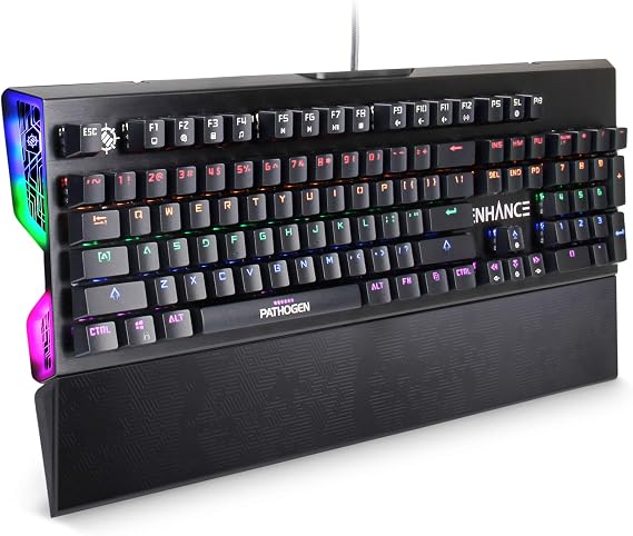 ENHANCE Pathogen Gaming Keyboard - Blue Switch Mechanical Keyboard with Fast 0.2ms Polling, Water & Dust Resistant, NKRO & Anti-Ghosting, Removable Wrist Rest, Ergonomic Keyboard Rainbow LED 9 Effects