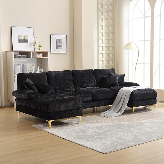 Chenille Fabric Sectional Couces, Living Room Modular Sofa Home Furniture (Black)