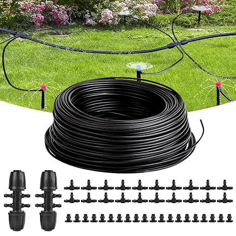 100FT 1/4 Inch Drip Irrigation Tubing, Distribution Hose Tube Kit Includes 2pcs 6-Way Connectors & 20pcs 1/4" Tee Splitters and End Plugs for Garden DIY Water-Saving Drip Irrigation System