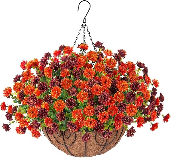 Ammyoo Artificial Faux Hanging Flowers Basket for Fall Outdoors Decoration, Silk Fake Mums Flowers Daisy with Baskets for Outside Porch Autumn Decor(Orange Brown)