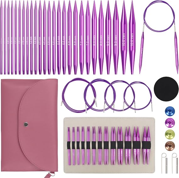 Reessy Circular Knitting Needles Set 3mm-10mm, 13 Pair of Interchangeable Circular Knitting Needles Set with Case & Accessories, Metal Knitting Needle UK for Smooth Knit & Versatile Projects-Purple