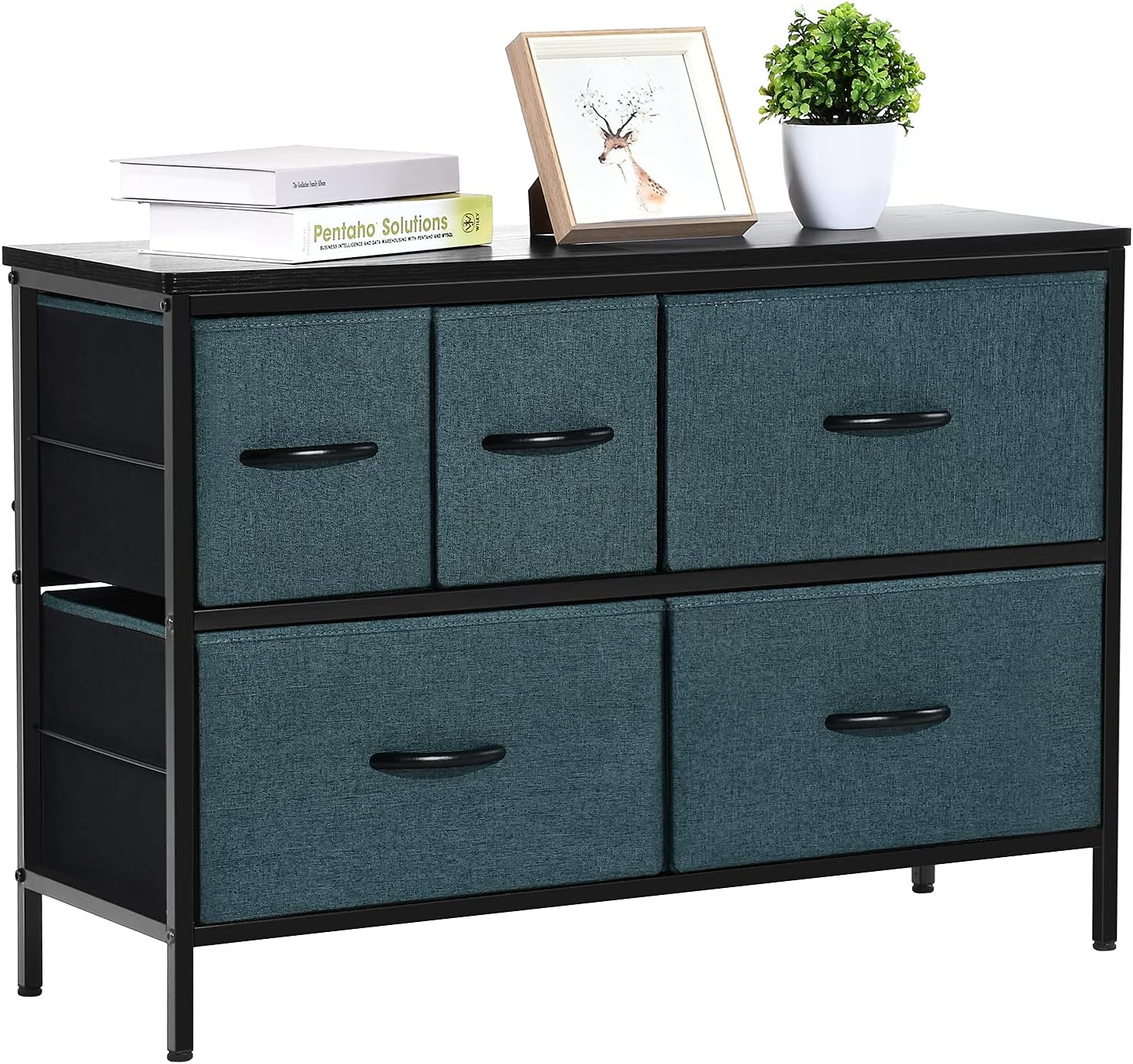 YITAHOME Dresser with 5 Drawers Storease Series, Wood Top Small Dresser, Removable Fabric Dresser Organizer Unit for BedroomLiving RoomClosets, Grey Blue