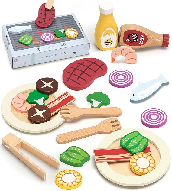 Pillowhale Wooden Play Food, Play Kitchen Accessories for Kids Ages 3+ | 24 Pcs Toy Food Toy Plates for Kids Kitchen, Role Play Toy Serve BBQ Set with Vegetables & Meat