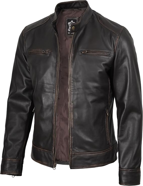Mens Leather Jacket - Cafe Racer Style Real Lambskin Leather Jacket Men