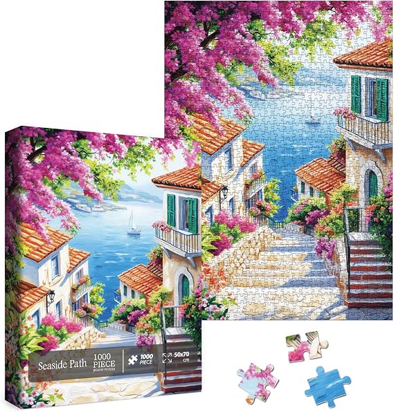 Colorful Beach Flower Landscape Puzzles for Adults 1000 Pieces Nature, Beautiful Seaside Painting Jigsaw Puzzle, Impossible Art Puzzles