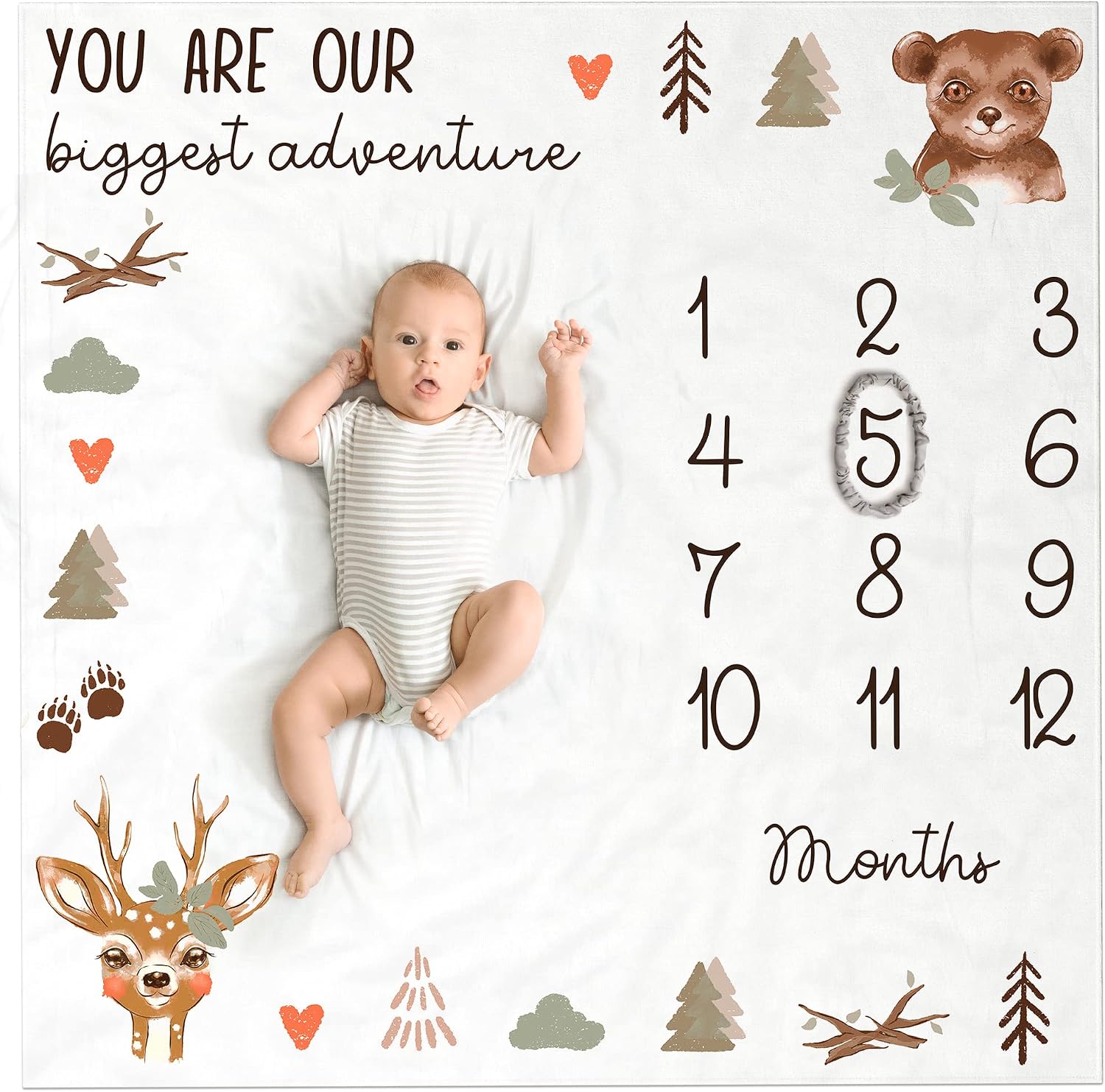 ZICOTO Modern Baby Milestone Blanket - Beautiful Woodland Friends Design for Personalized Monthly Baby Pictures - Cherish Your Adorable Babys Boy Or Girl Milestones Forever