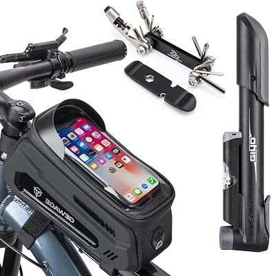 GEWAGE Bicycle Phone Mount Bag & Bicycle Tire Pump, Bike Multitool with Tyre Lever - Bike Tool Kits for Repair and Maintenance at Home or On The Road
