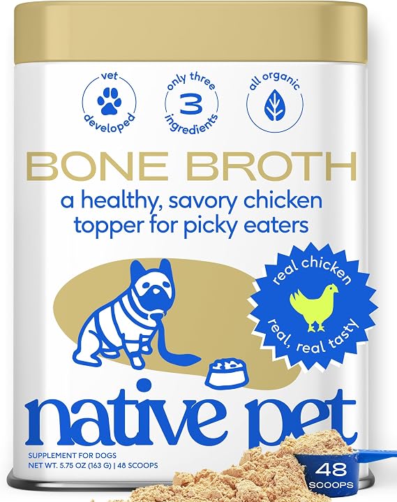 Native Pet Bone Broth for Dogs and Cats - Chicken Bone Broth Powder Dog Food Toppers for Picky Eaters - Provides Extra Nutrition for Joint Strength, Immune Support & Heart Health - 48 Scoops