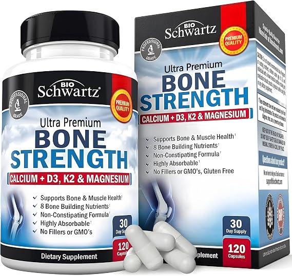 Bone Strength Supplement for Women & Men, 120 Capsules | Bone Health Supplement with Vitamin D3 K2 Calcium Magnesium Zinc & Boron | Gentle, Non-Constipating, Non-GMO | BioSchwartz