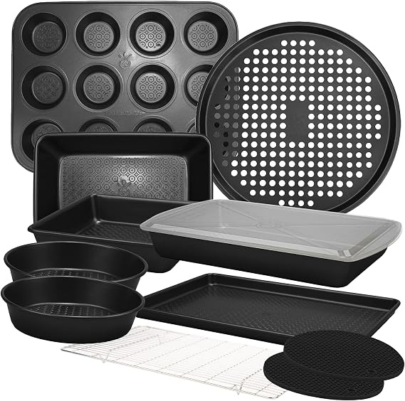 KITCHENAIS 12-PC Baking Set - Durable Carbon Steel Nonstick Sheets, Pans With Muffin, Loaf, Pizza, Cookie Sheet - Black Bakeware