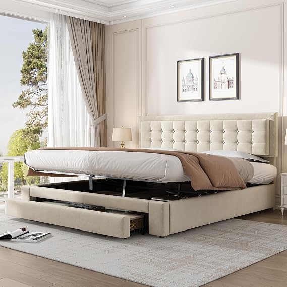 6ft Super King Size Bed Frame with Hydraulic Lever and Drawer, Velvet Fabric Upholstered Ottoman Storage Bed with Adjustable Button-Tufted Headboard, Gas Lift Up Beds With Storage & Slats, Cream