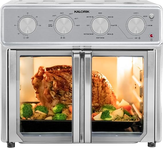 Kalorik MAXX Air Fryer Oven, 26 Quart 9-in-1 Countertop Toaster Oven and Air Fryer Combo - Fry, Bake, Roast, Rotisserie, More, Large Glass French Doors & 7 Accessories, 1700-Watts, Stainless Steel