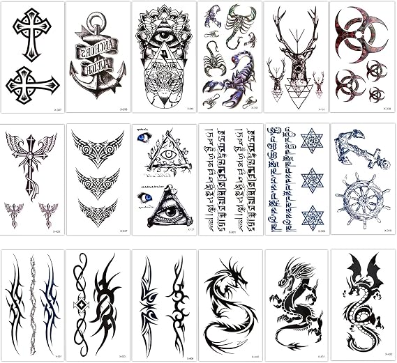 Konsait Temporary Tattoos for Adult Men Women Kids(18 Sheets), Waterproof Temporary Tattoo Fake Tattoos Body Art Sticker Cover Up Set,Dragon Anchor Eye Scorpion Graphic Elk