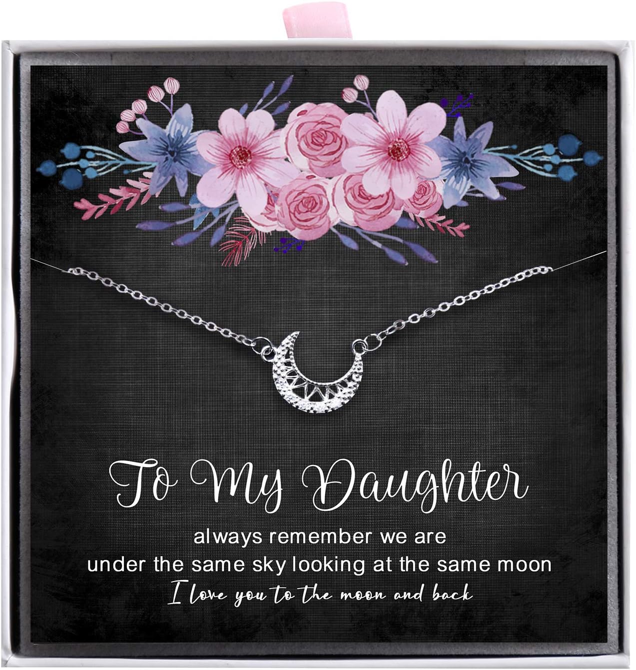 ALoveSoul To My Daughter Necklace - Sterling Silver Cute Crescent Moon Necklace for Women Girls, I Love You to The Moon and Back Daughter Necklace