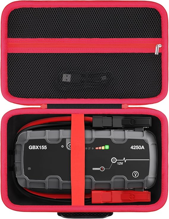 ハード収納ケース Boost GB150/GBX155 UltraSafeジャンプスターター用 | 耐衝撃性、ハンドル付き、ハードシェルの外側、収納コンパートメント、ポータブルキャリーボックス、ブラックケース+レッドジッパー。